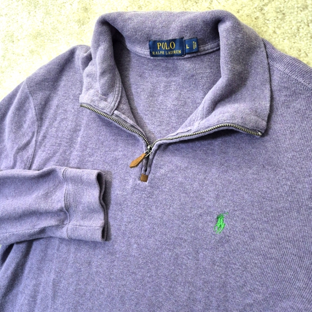 Polo Ralph Lauren Sweater Mens Large Purple 1/4 Zip Cotton Logo Heavy Preppy